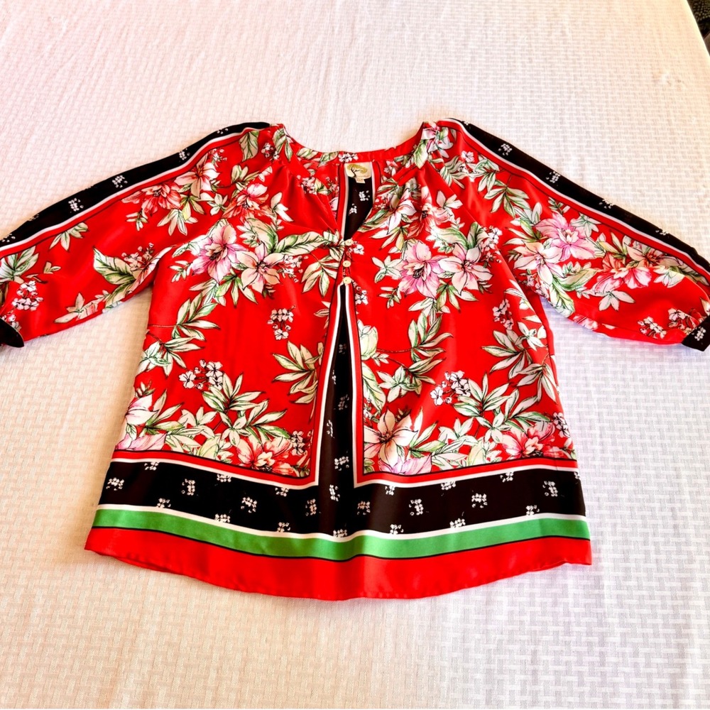 Fig and Flower Anthropologies Red Floral Boho Blouse Petite XL 3/4 Tie Cuff Top